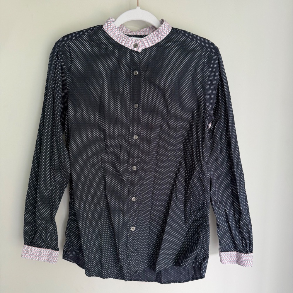 Uniqlo Ines De La Fressange Polka Dot Floral Band Collar Shirt Blue Pink Medium